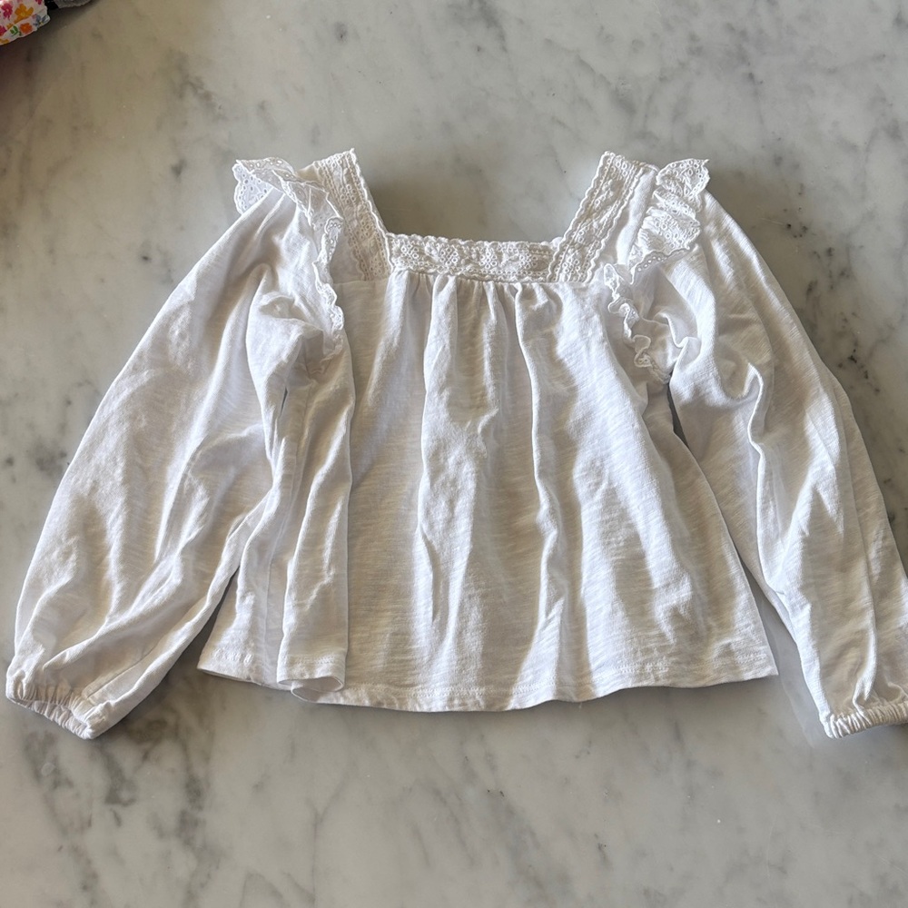 Mini Boden White Ruffle Long Sleeve Top